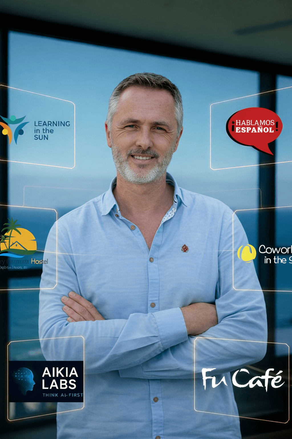 Frank con los logos de sus negocios