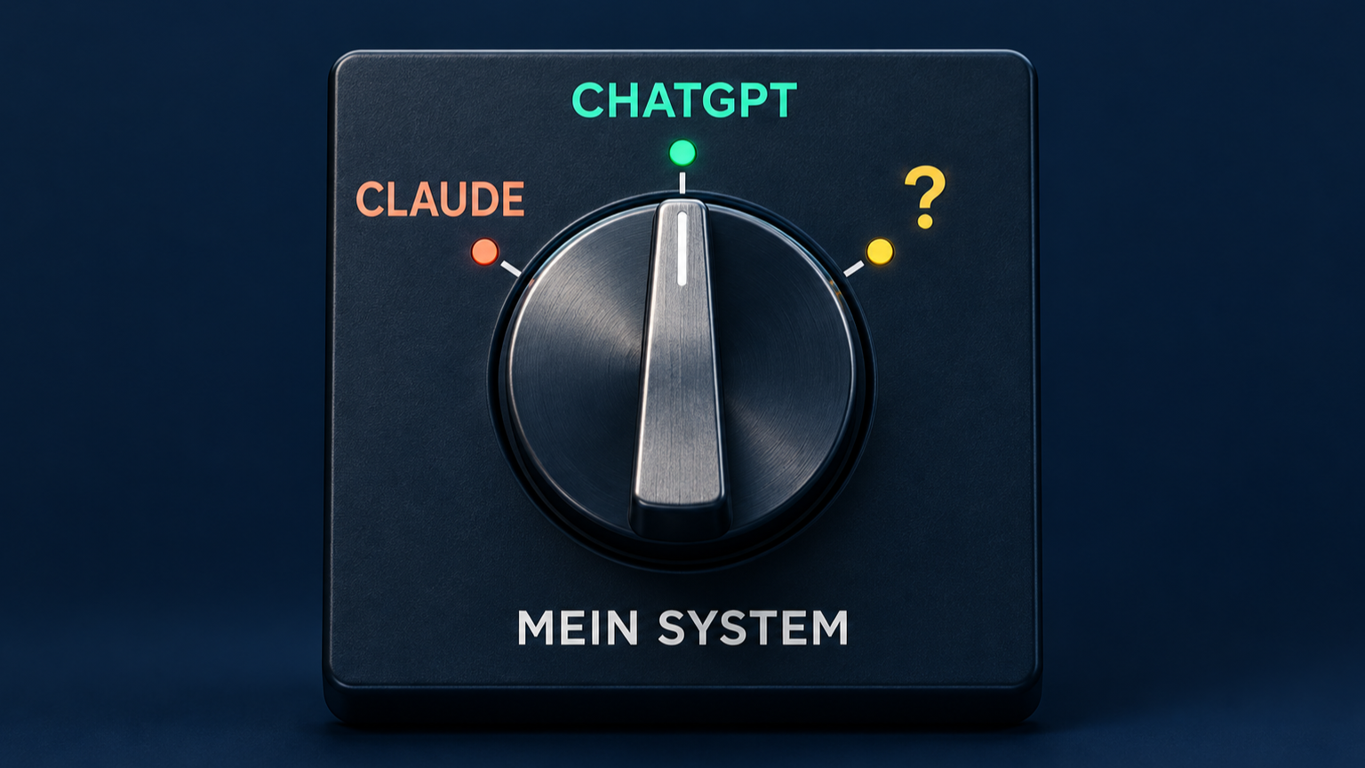 Ein großer Wahlschalter auf einem Modul mit der Aufschrift MEIN SYSTEM bietet drei Positionen: CLAUDE, CHATGPT und ein Fragezeichen.
