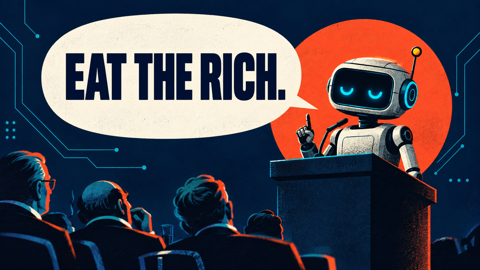 An AI robot saying: EAT THE RICH.